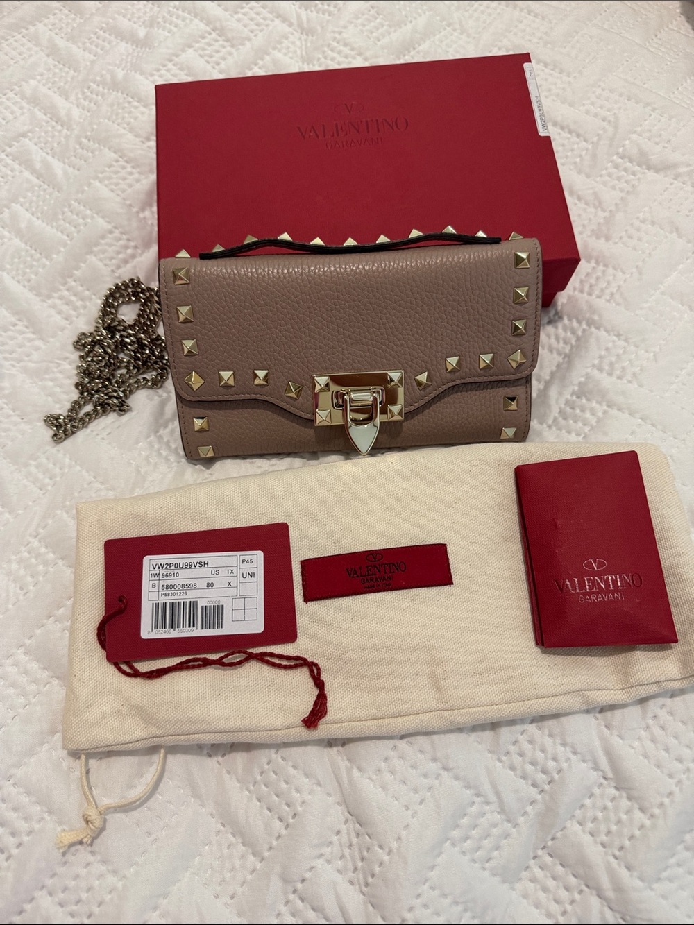 Valentino Garavani Taupe Rockstud Chain Wallet with Gold Hardware